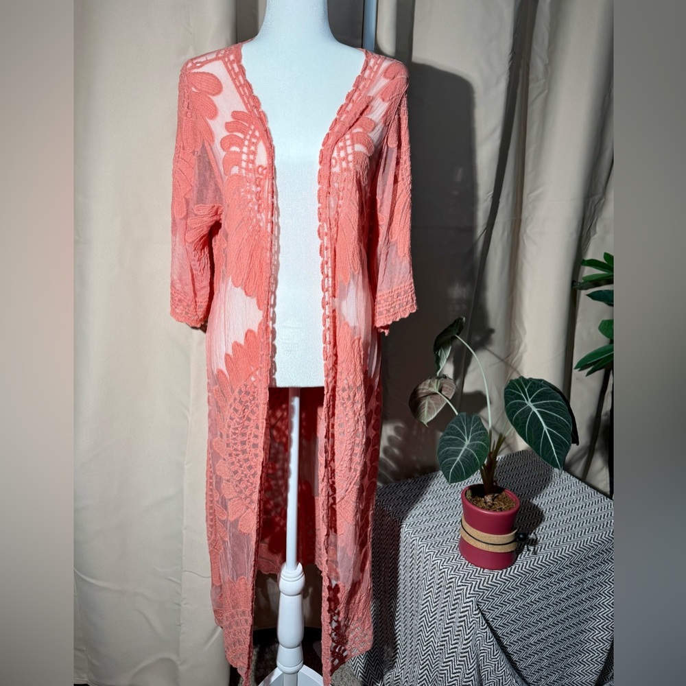 Rebellion Again Coral Pink Sheer Lace Maxi Duster Cardigan - Medium - NWT - Picture 11 of 11